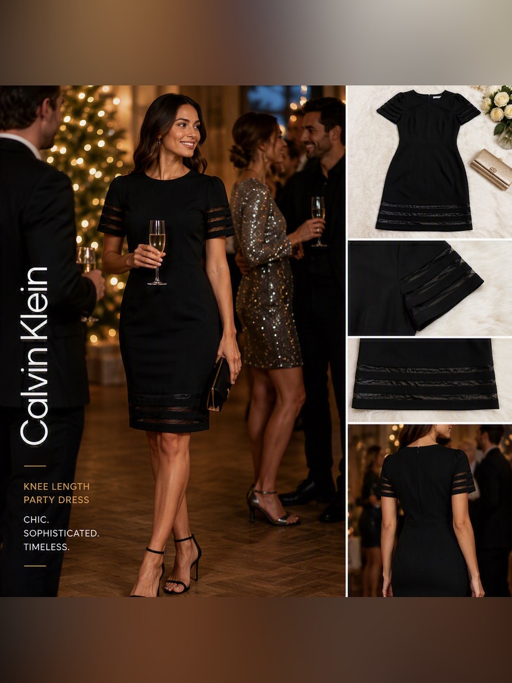 Calvin Klein Black Short-Sleeve Knee-Length Party Dress